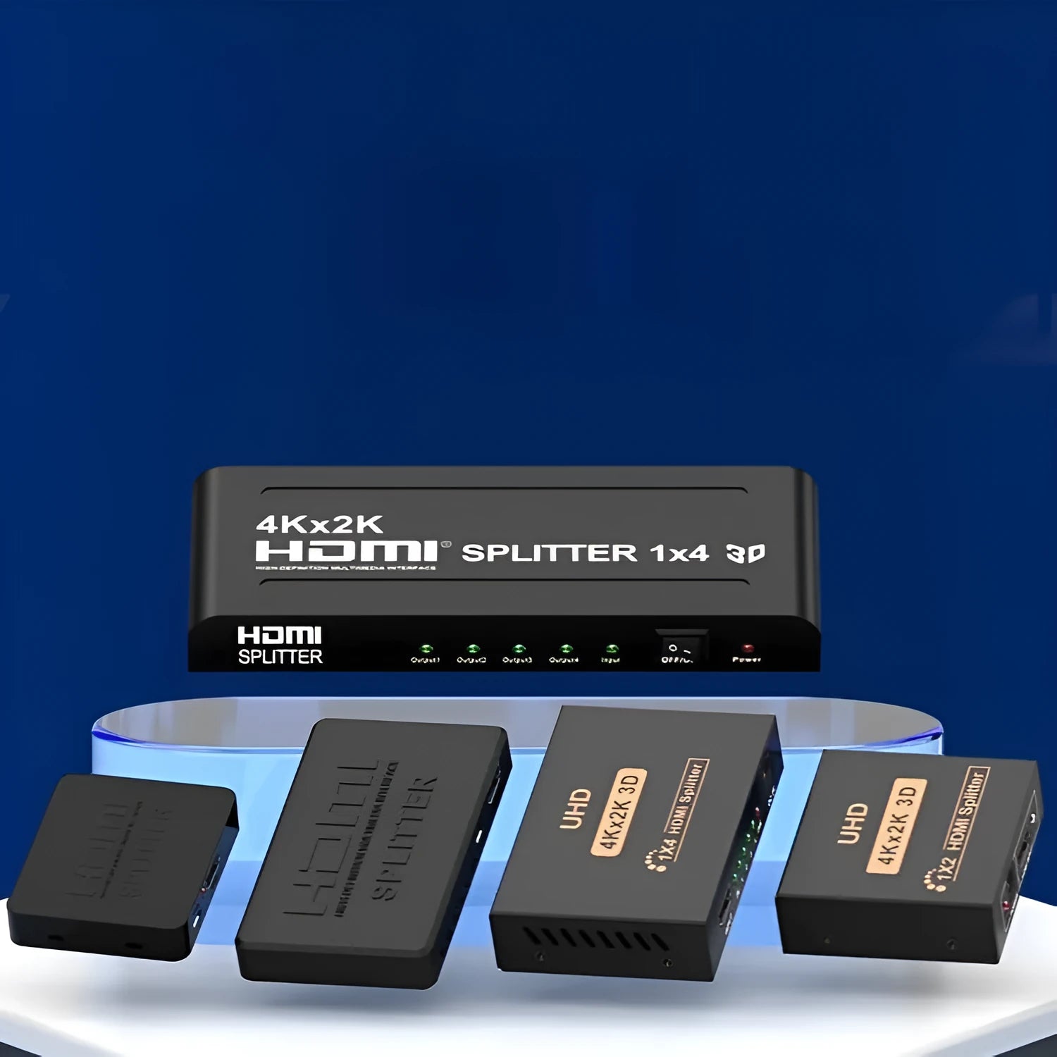 4K HDMI splitter device distributing signal to two displays with choice of US or EU power plug