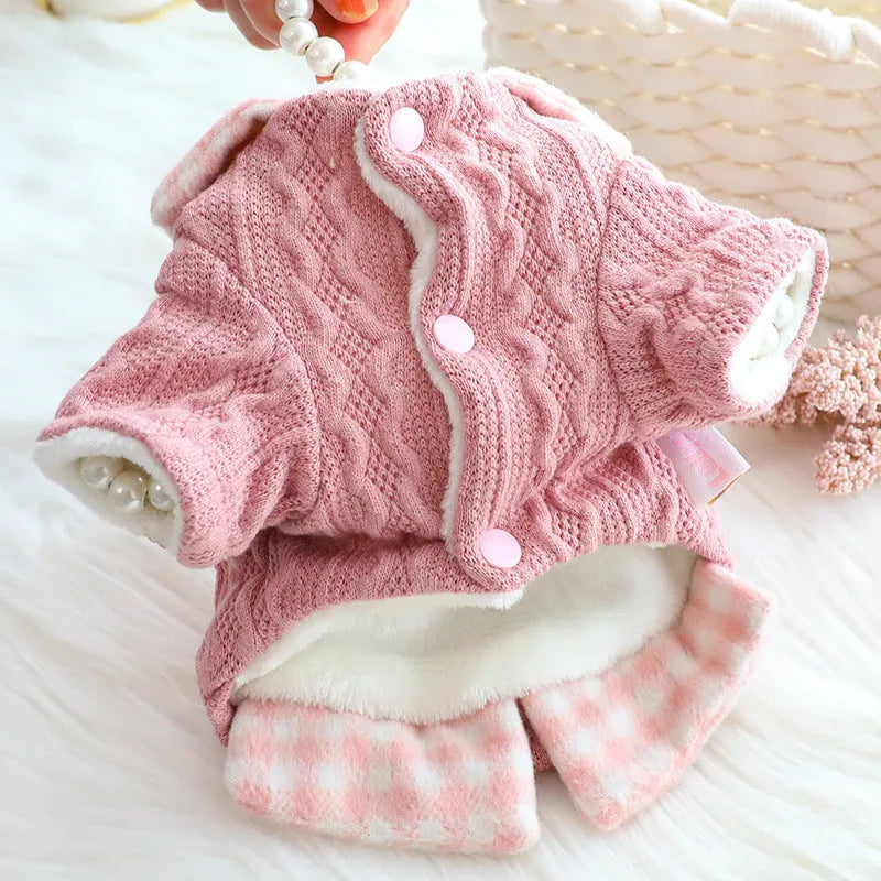 Blue wool plaid fleece-lined dog sweater with fake two-piece jacket design
