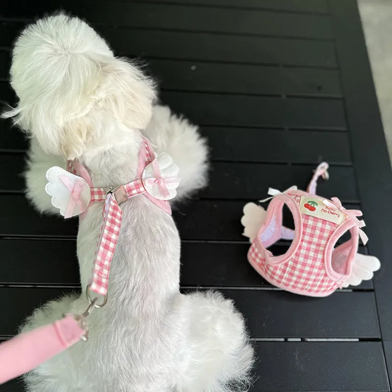 Cotton chest-back dog harness with integrated hand-holding rope for small dogs in pink or black