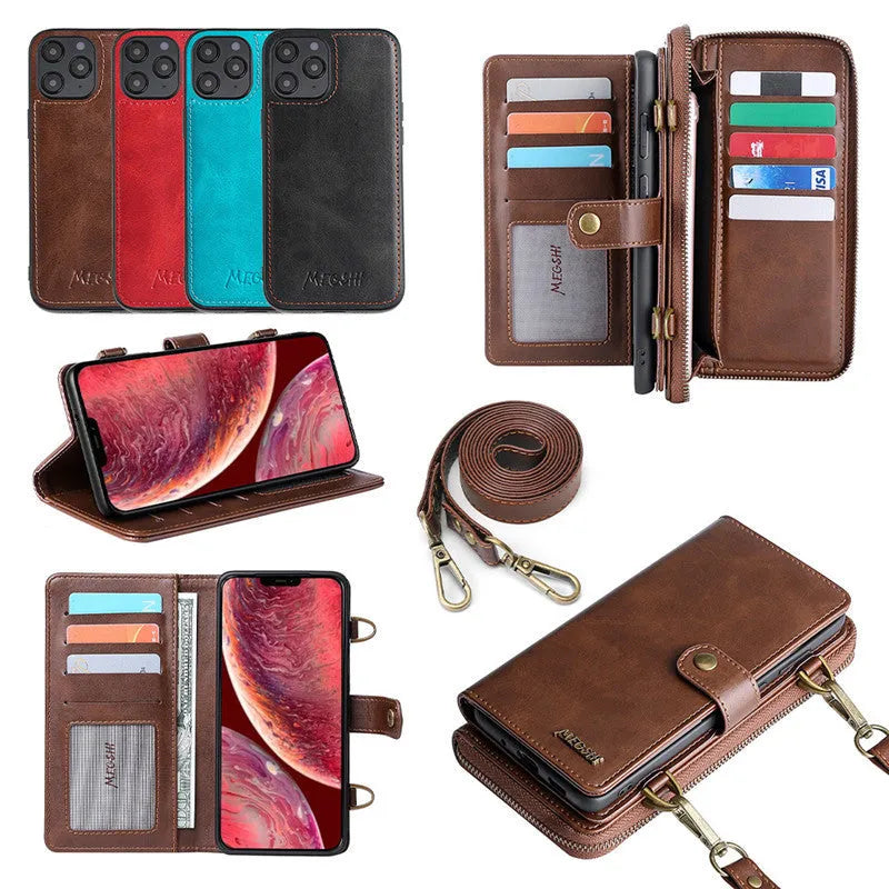 Wallet phone case with detachable backpack for Samsung Galaxy Note and iPhone in black, blue, brown or red