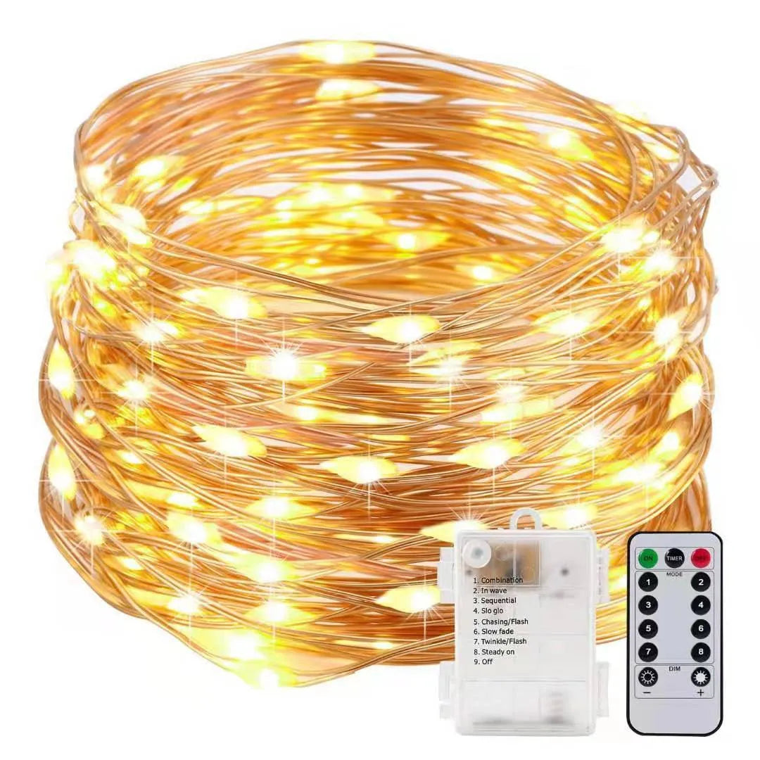 Copper wire string light with 120 LED bulbs in twelve metre length for outdoor decoration