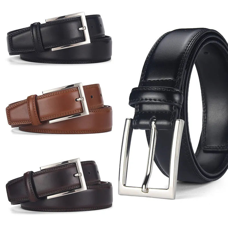 Men's black leather belt with a silver alloy pin buckle laid flat, showing its length and width.