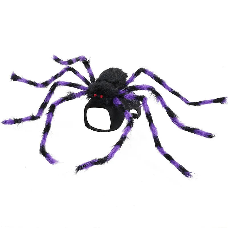 Halloween spider costume for pets in grey, brown, black and purple with leg straps