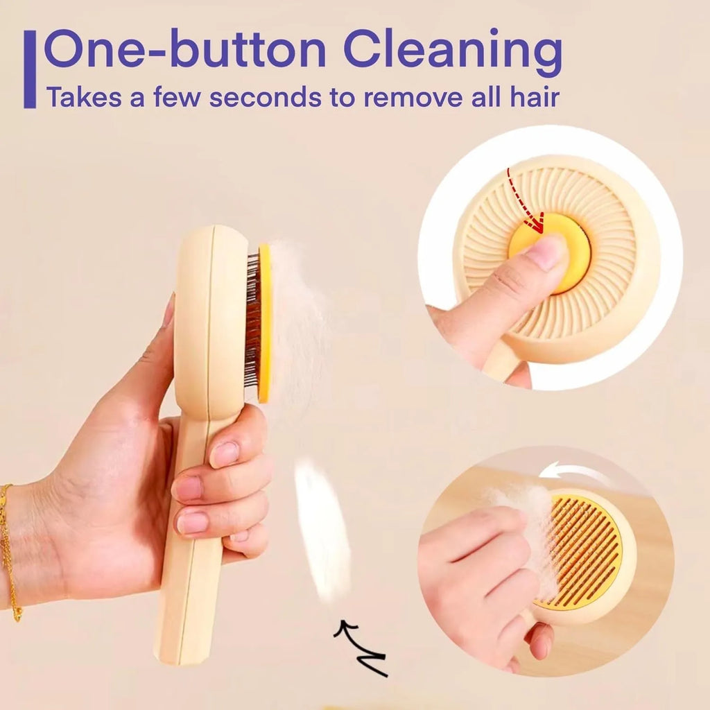 Blue self-cleaning pet grooming brush with angled metal needles and massage particles