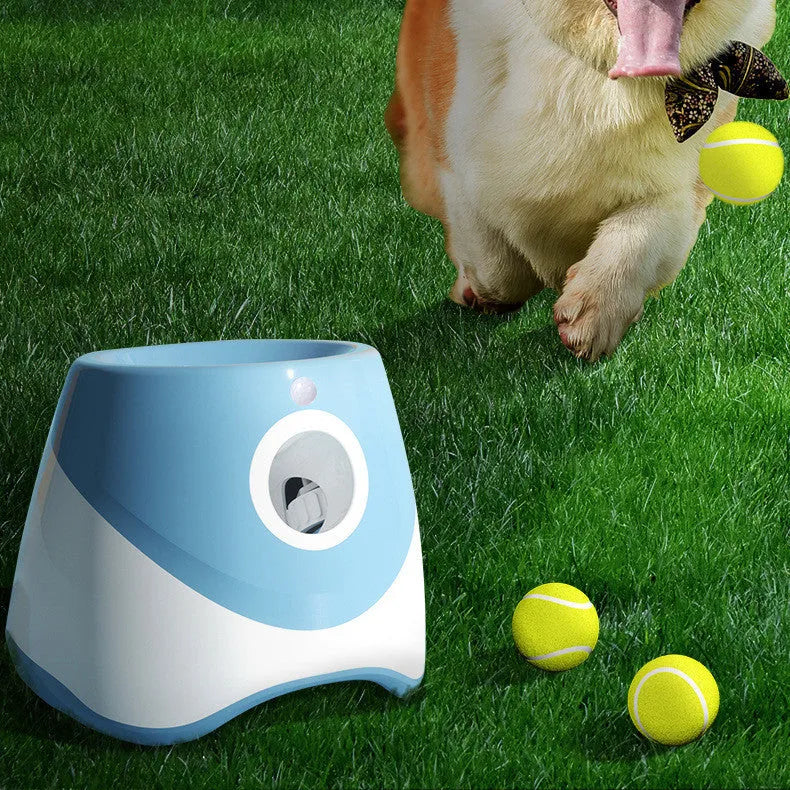 Automatic tennis ball launcher dog toy in blue ABS with Type-C charging and three tennis balls