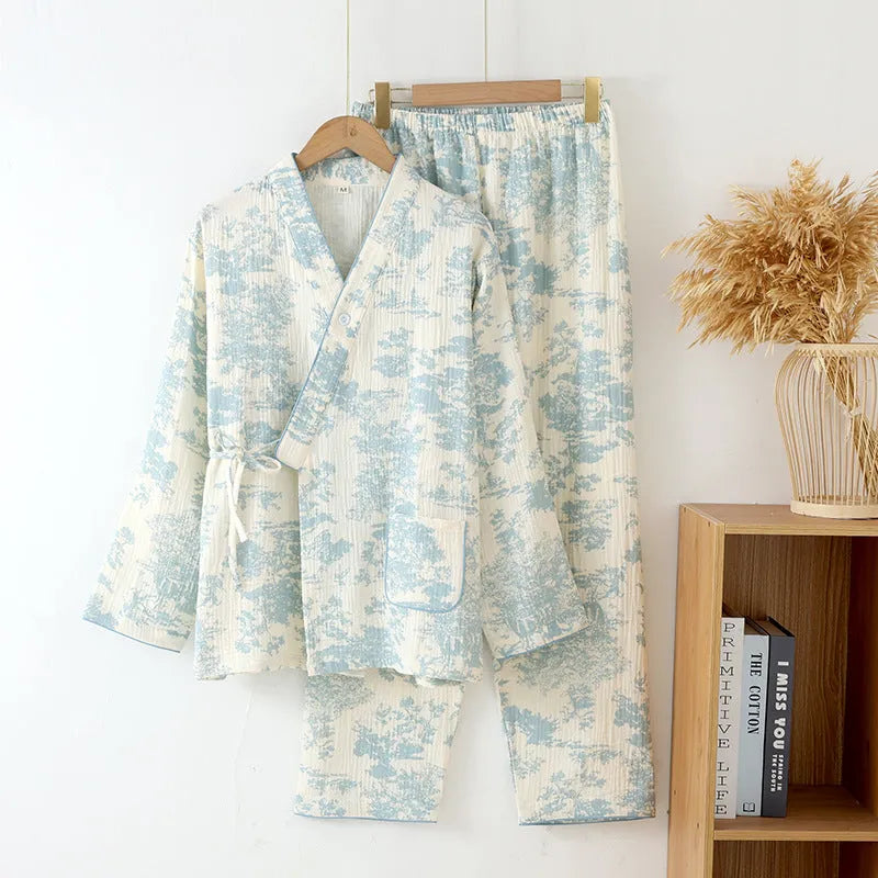 Pure cotton gauze ladies' long sleeve trousers suit in frosted pine trees colour