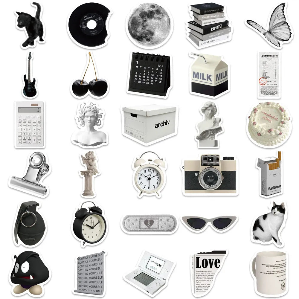 61 black and white waterproof PVC stickers for laptops, phones and luggage