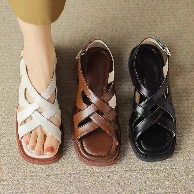 Women's glossy patent leather sandals with square toe and cross strap design in three colour options