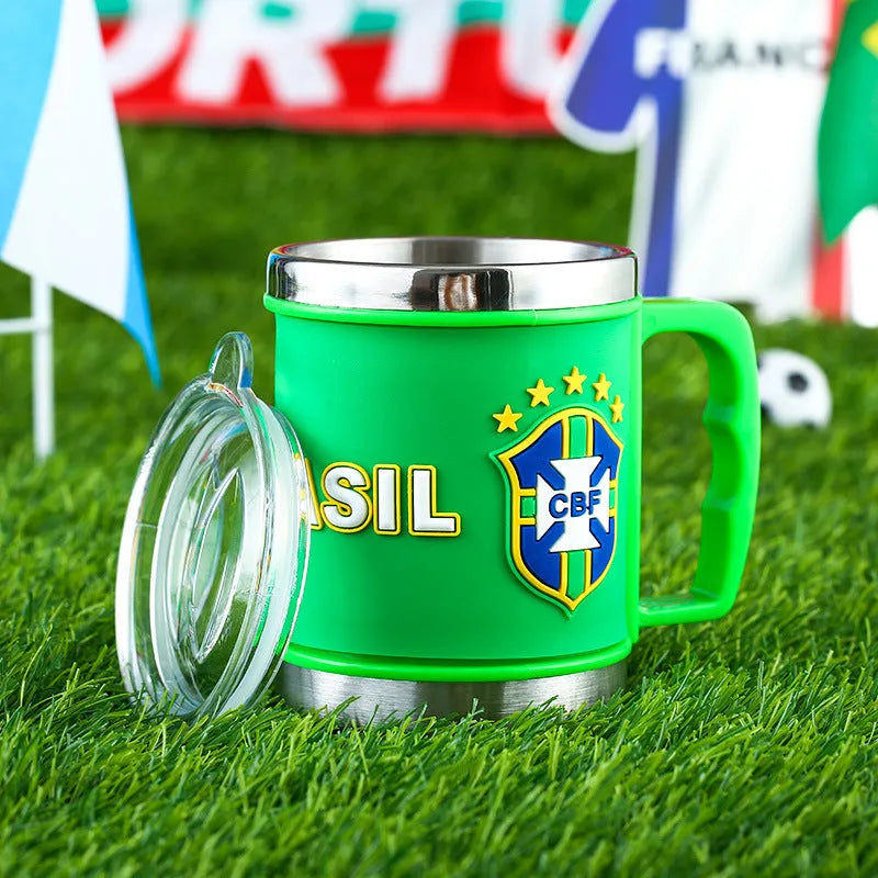 World Cup soccer mug souvenir with rubber metal construction, 7.6cm diameter, showing team colour design