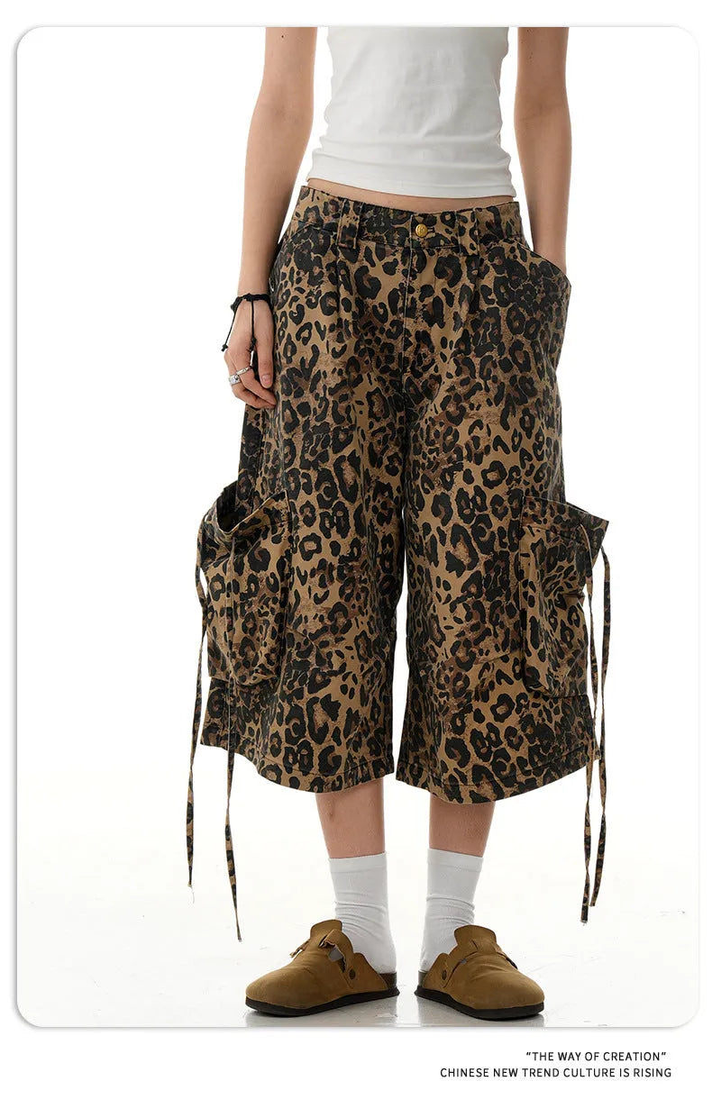Leopard print high waist loose straight cropped pants on a hanger