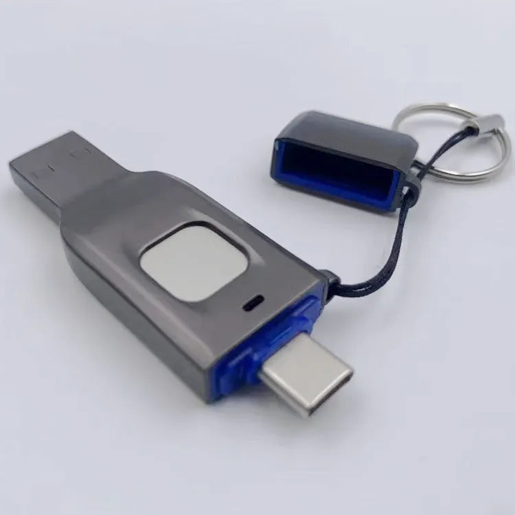 Black fingerprint encrypted USB flash drive showing both USB 3.0 and Type-C interfaces with metal casing