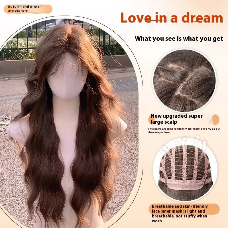 Full-head long curly artificial hair wig with side bangs in brown black colour.