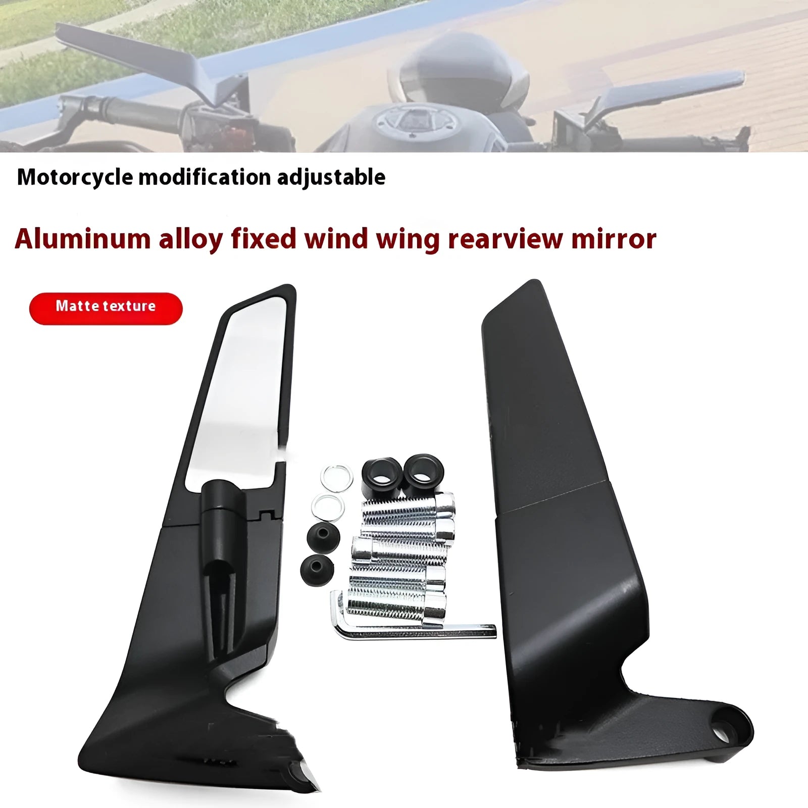 Pair of black universal motorcycle rearview mirrors with spoiler style, aluminium alloy housing and glass lens