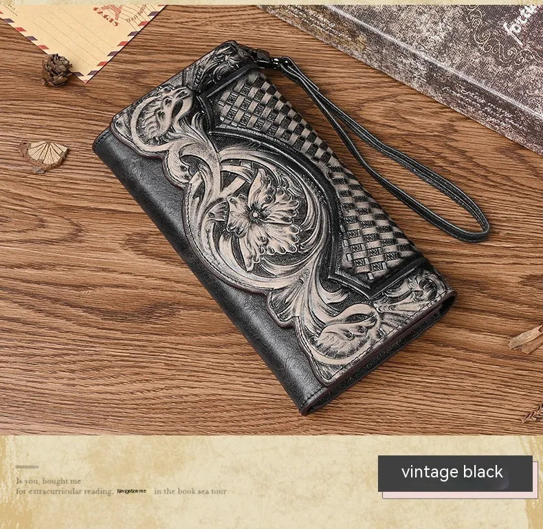 Chinese-style floral embossed tri-fold leather wallet in retro brown showing opened compartments