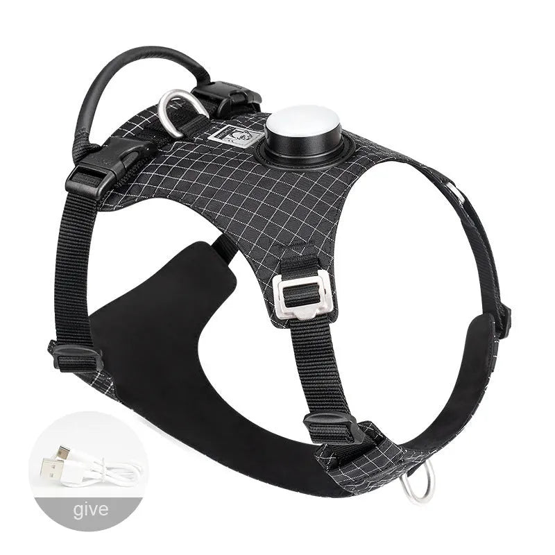 LED dog chest harness in light purple colour with reflective strips and adjustable straps