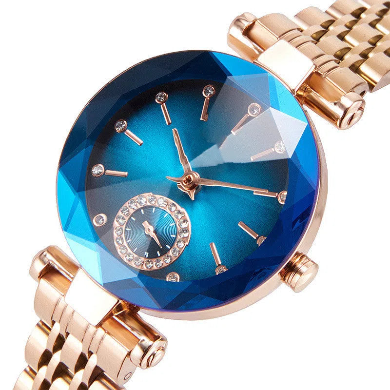 Women's rose gold quartz watch with 32mm round dial, steel strap, and 30M water resistance
