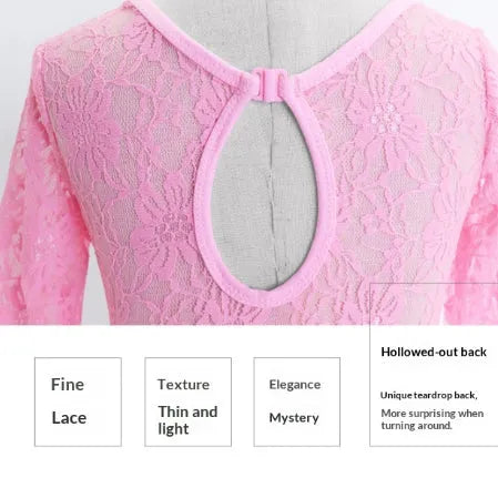Black children's dance practice bodysuit with lace splicing, cotton spandex, vest cut