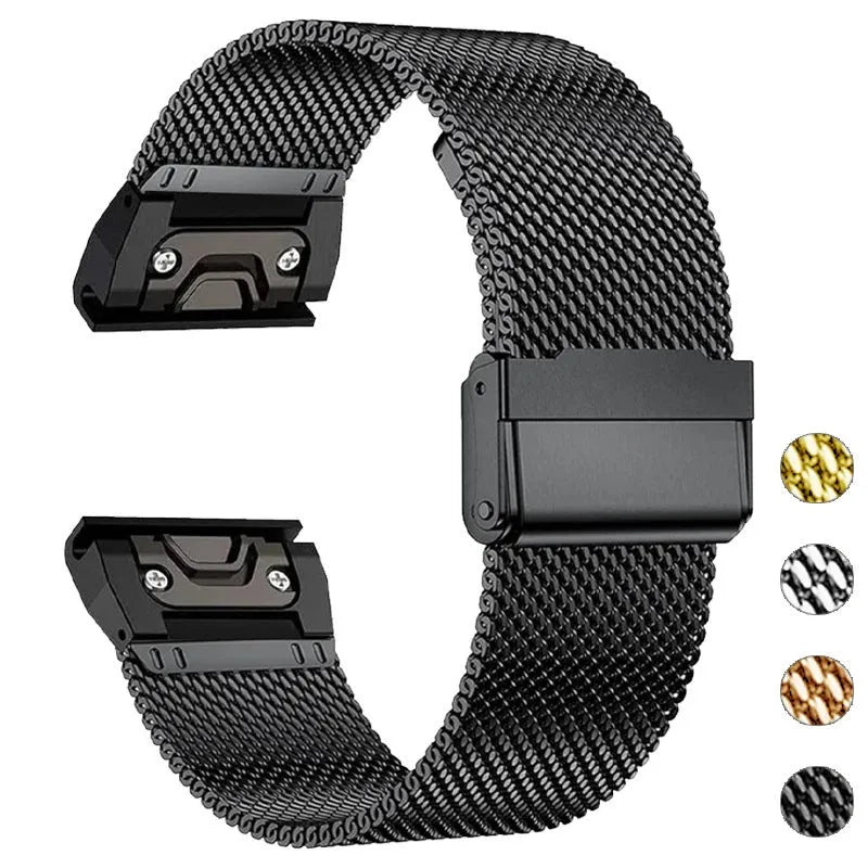 Stainless steel watch strap for Garmin Fenix 7X and 6X models in silver, black, gold, rose gold colours
