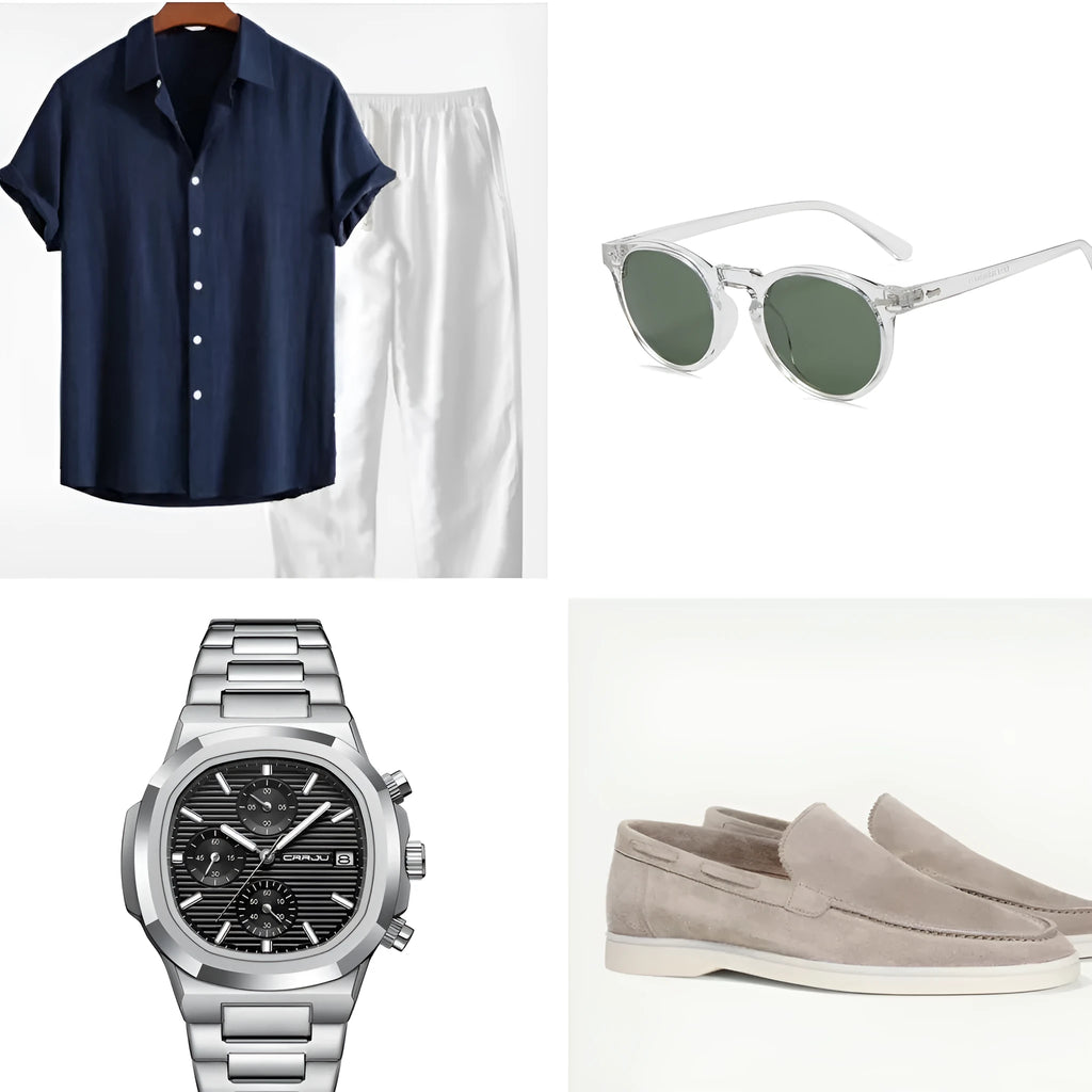 Men's casual short sleeve cotton linen suit set in navy blue with matching glasses, shoes and watch accessories