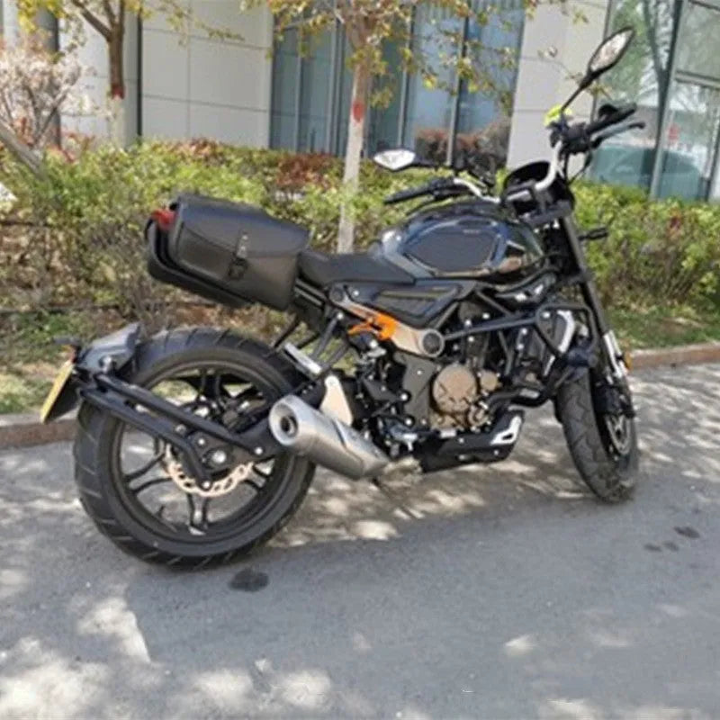 Black PU artificial leather motorcycle swingarm bag mounted on Harley Sportster
