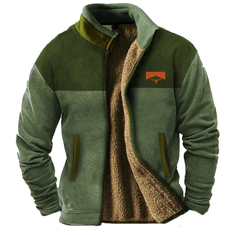 Man wearing a green polyester fleece padded coat with a regular fit.