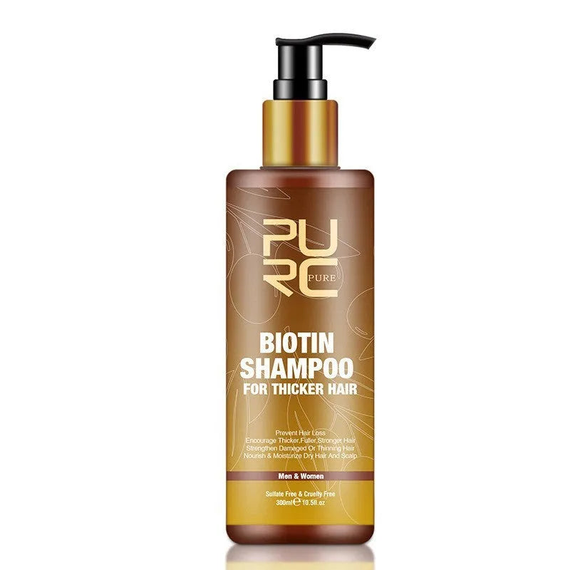 PURC Ginger Biotin three-piece hair care set with shampoo, conditioner, and essential oil in white bottles