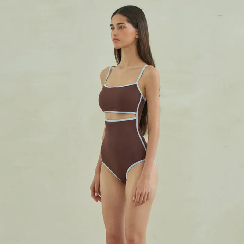 Brown triangle one-piece swimsuit for women made from nylon fabric
