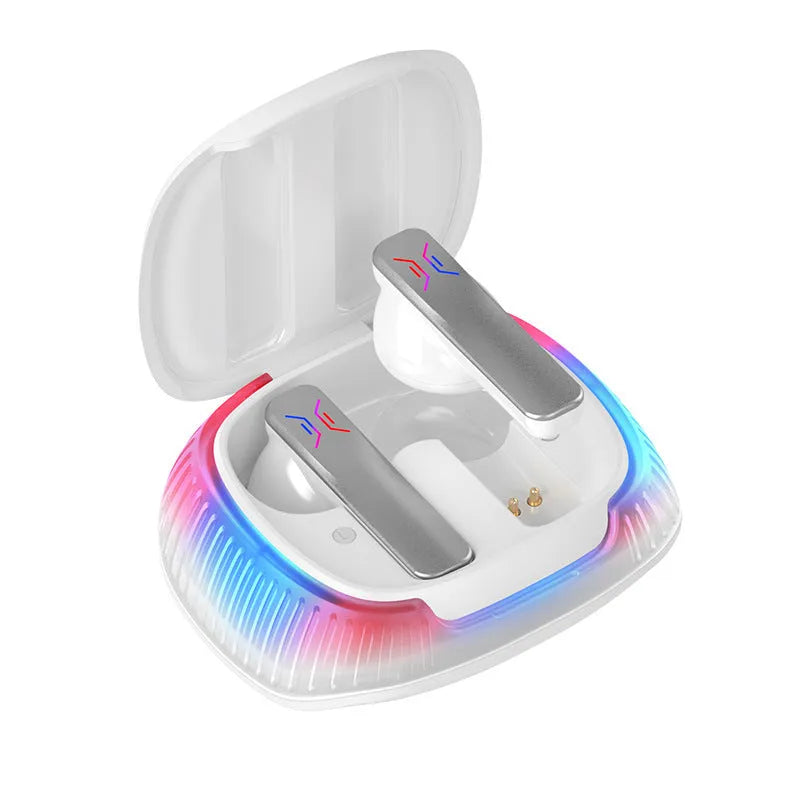 Hall Flashing wireless gaming headset in black or white with earplug design and Type-C charging cable