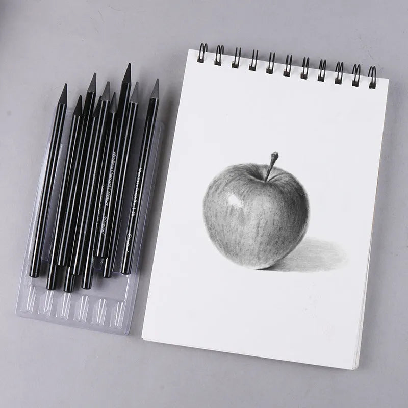 Set of six graphite pencils and three carbonized pencils packaged on a white suction card.