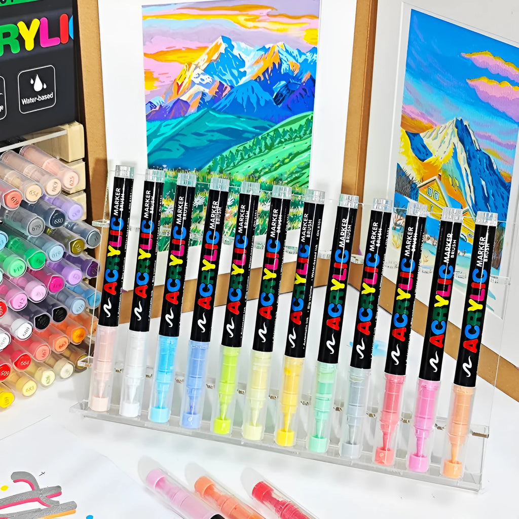 Set of straight liquid acrylic marker pens with soft head tips in multiple colours for art and graffiti
