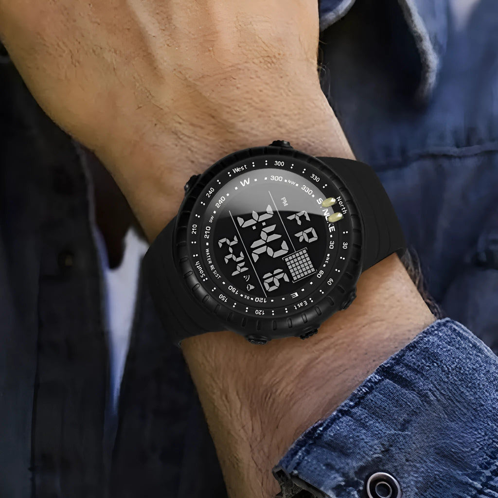 Black waterproof digital watch with 54.74mm dial and adjustable PU strap