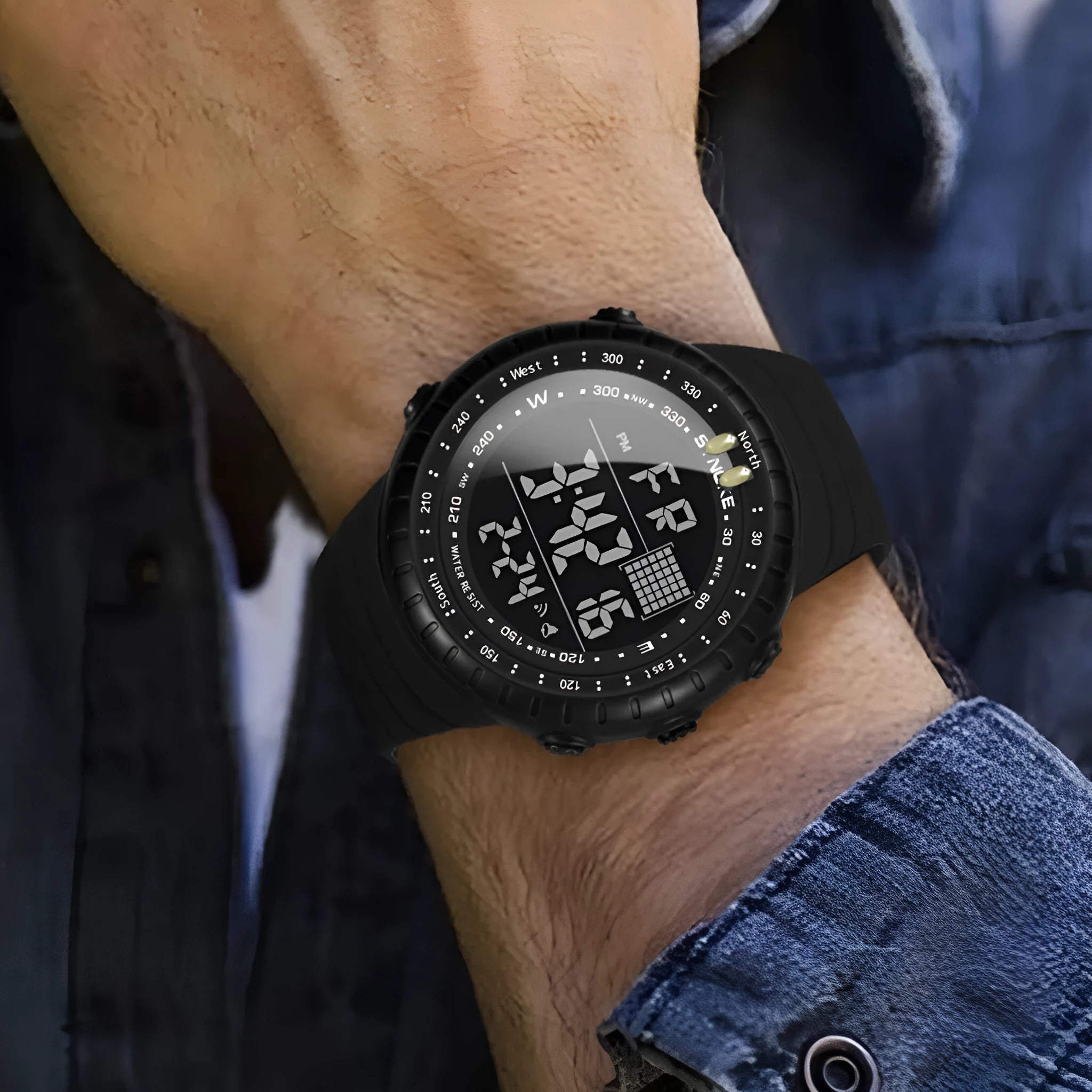 Black waterproof digital watch with 54.74mm dial and adjustable PU strap