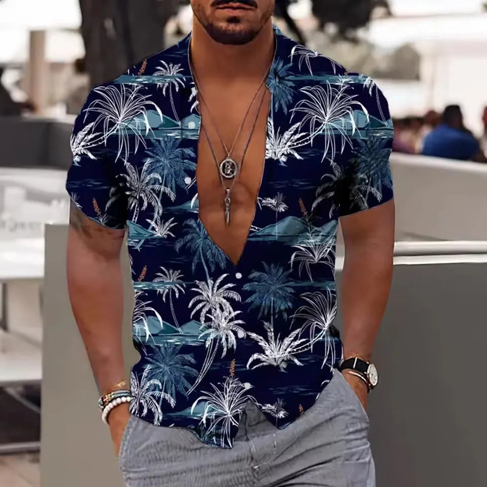 Men's loose floral print beach shirt in cardigan style with short sleeves on polyester fabric
