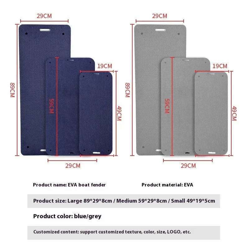 Blue and grey EVA boat fenders showing small and large size options for dock protection