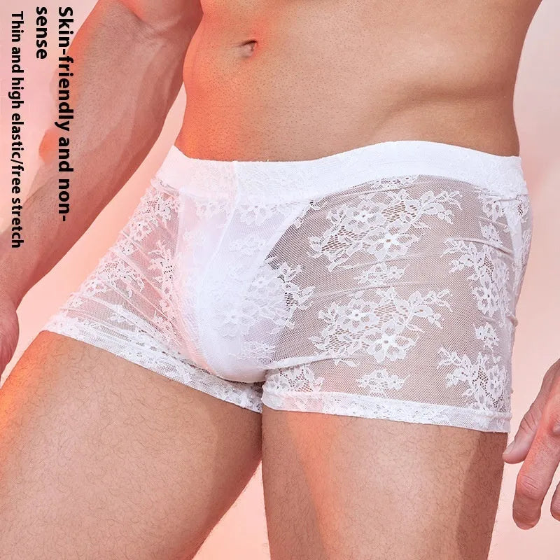 Men's nylon lace boxers in black, white, and red colours with elastic waistband free size design
