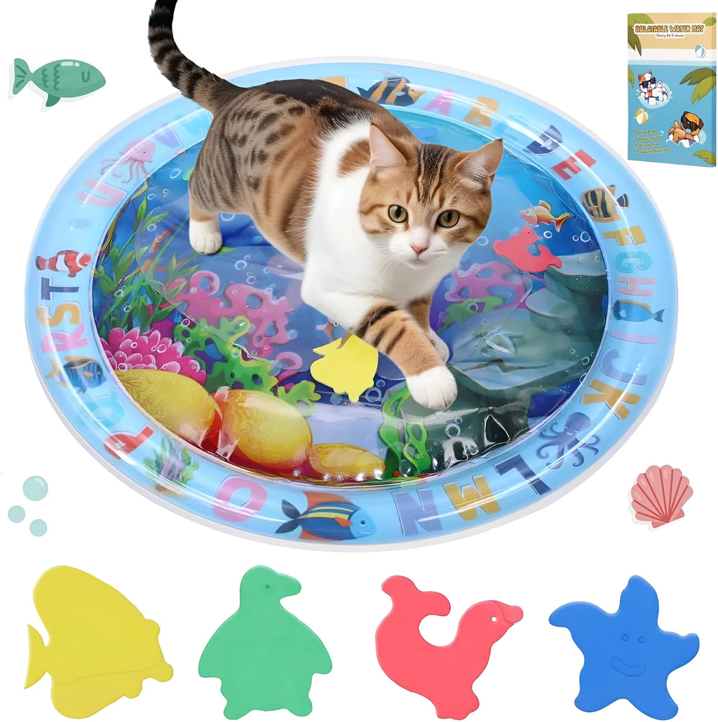 100cm square water sensory playmat for cats with ocean fish design and floating toys inside