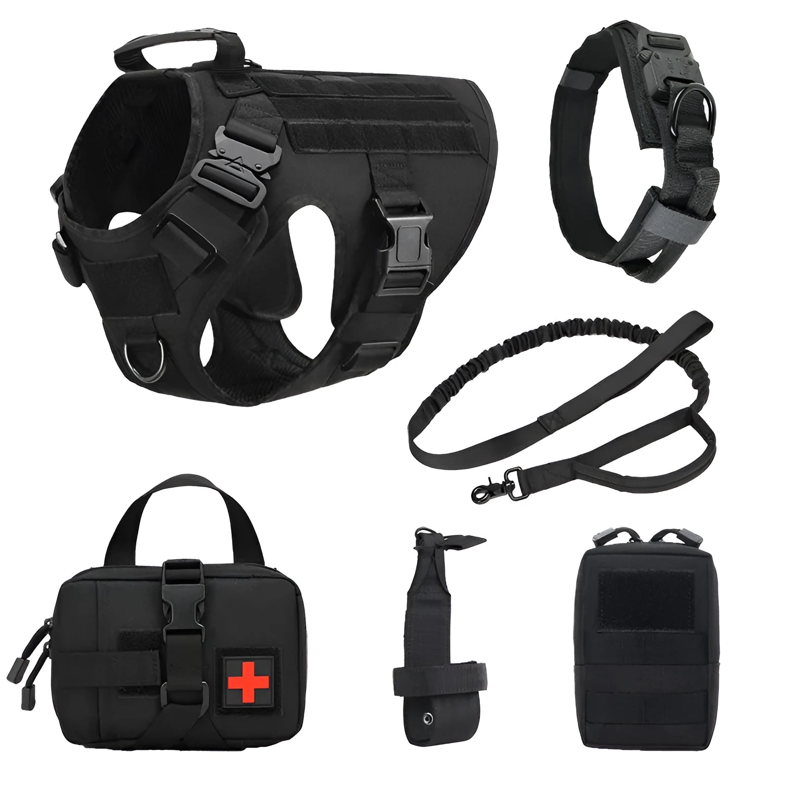 Dog wearing tactical combat vest set in CP camouflage with harness and protective gear