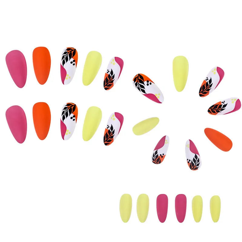 Wear Armour brand medium almond shaped frosted nail sticker set showing four different designs: French colourful leaf, colourful plating, star flash macaron, and gradient leopard print.