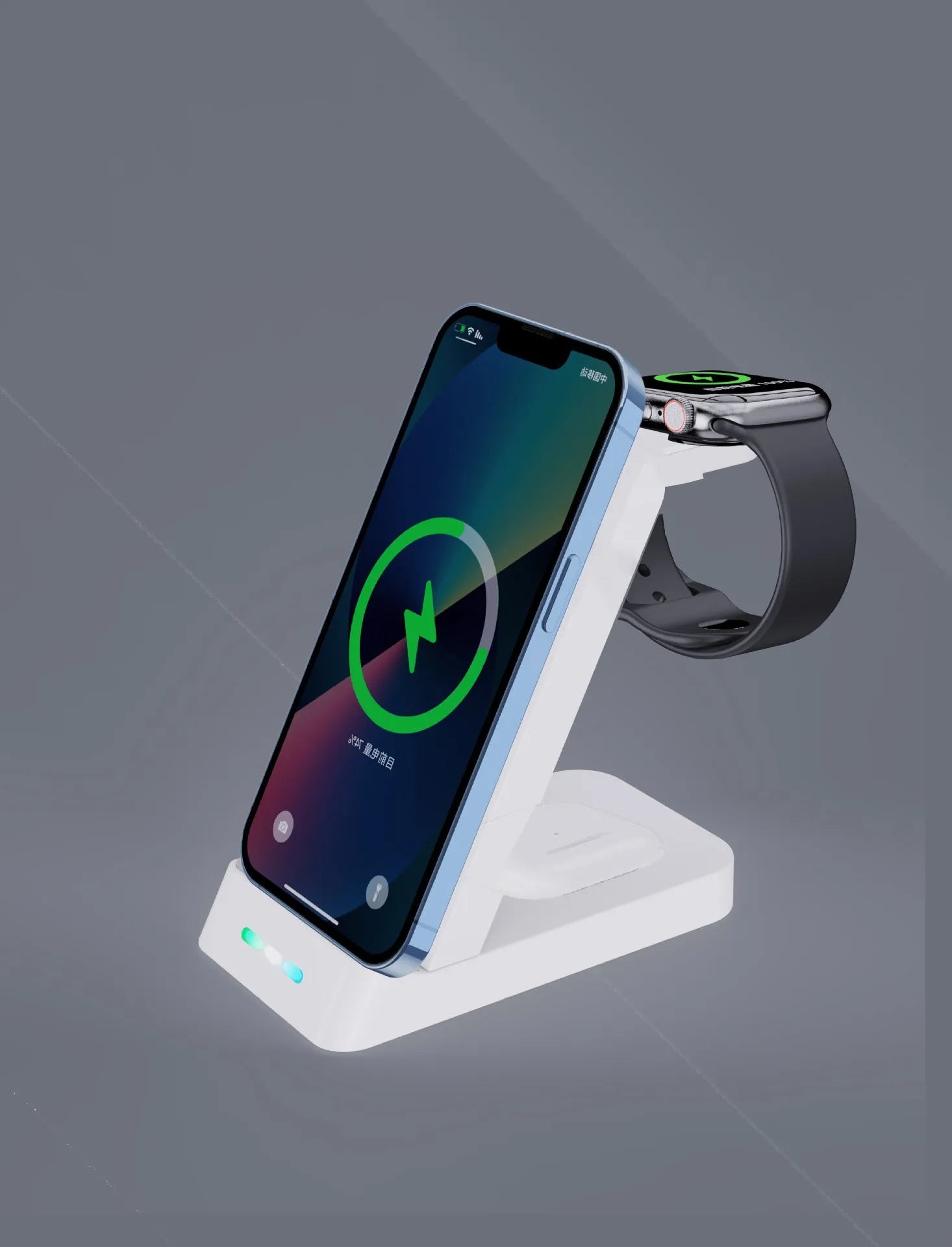 Black 3 in 1 wireless charging station with phone stand holding smartphone, smartwatch and earbuds