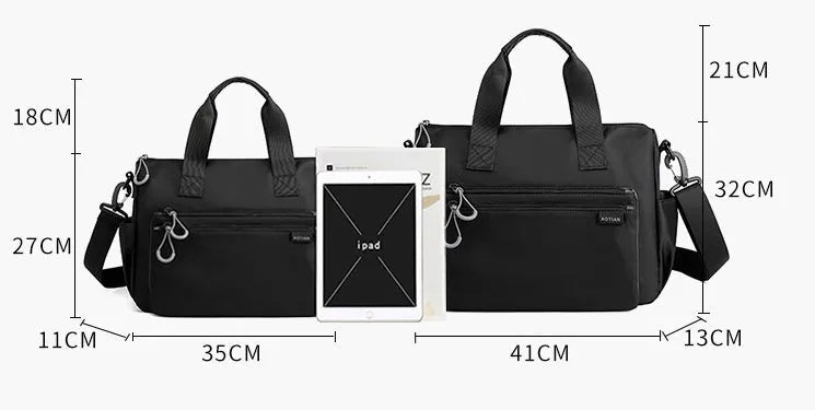 Men's Oxford cloth single shoulder travel bag, horizontal square zip satchel, shown in black, blue, green, or grey, sizes S and M.