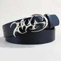 Silver buckle PU leather casual belt with snap-button fastening, shown at 105cm length.