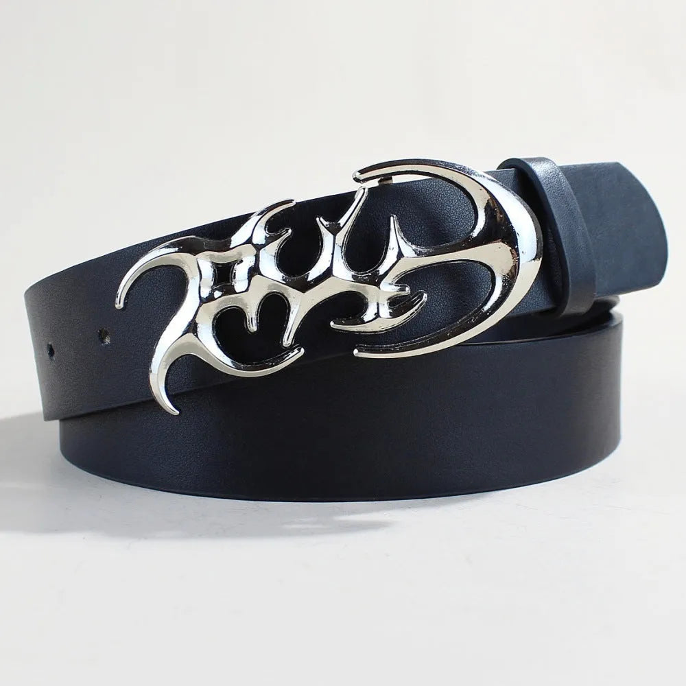 Silver buckle PU leather casual belt with snap-button fastening, shown at 105cm length.