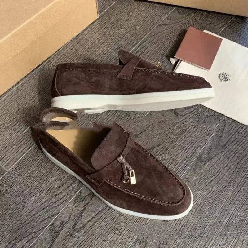 Unisex slip-on loafers with round toe design and decorative stitching in multiple colour options