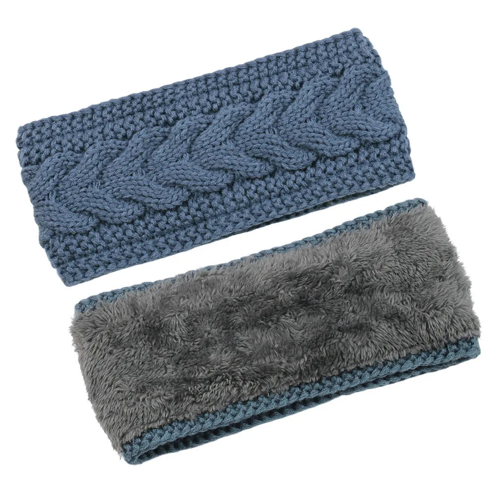 Fleece-lined twist knitted wool hair band for women in black, light grey, beige, and 14 colour options