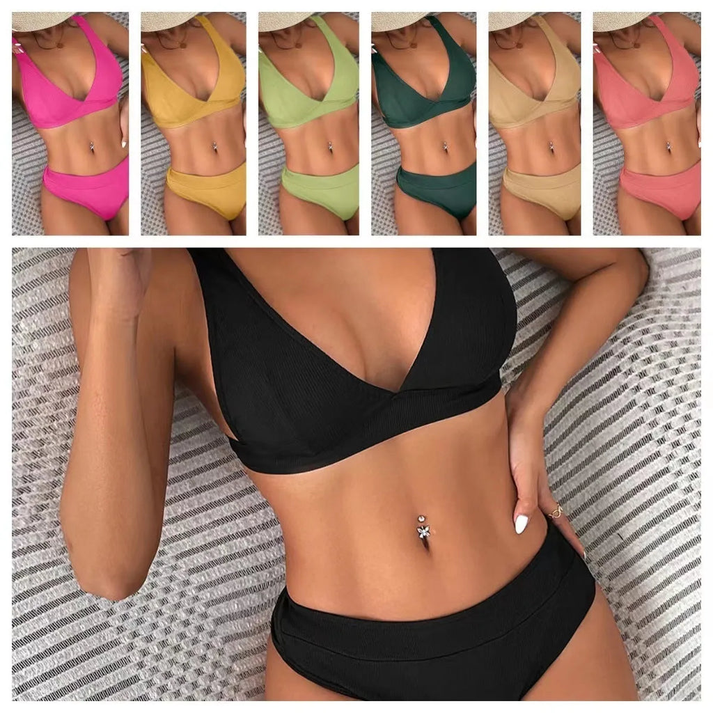 Women's black bikini set with lace-up front detail and high-leg split design.
