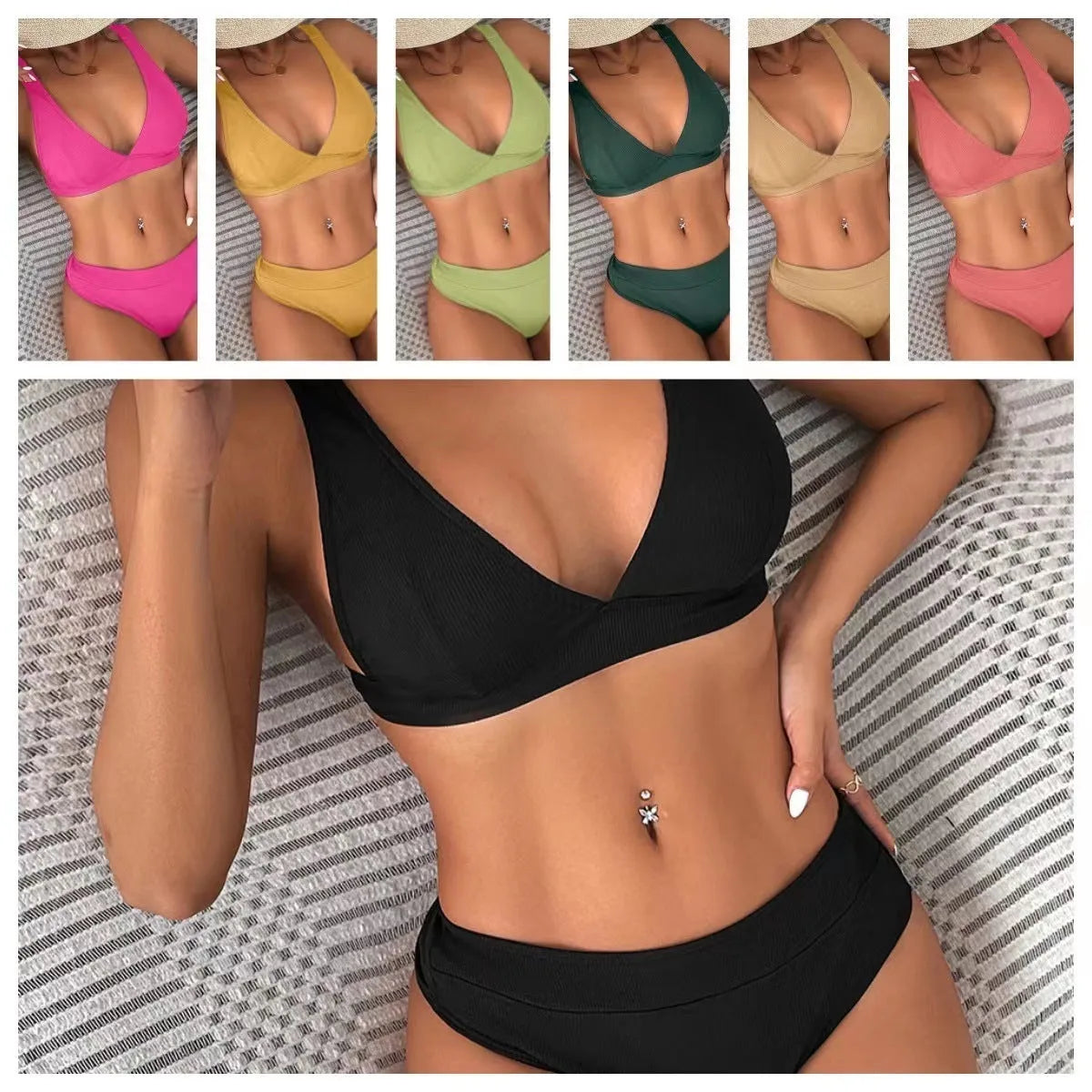 Women's black bikini set with lace-up front detail and high-leg split design.