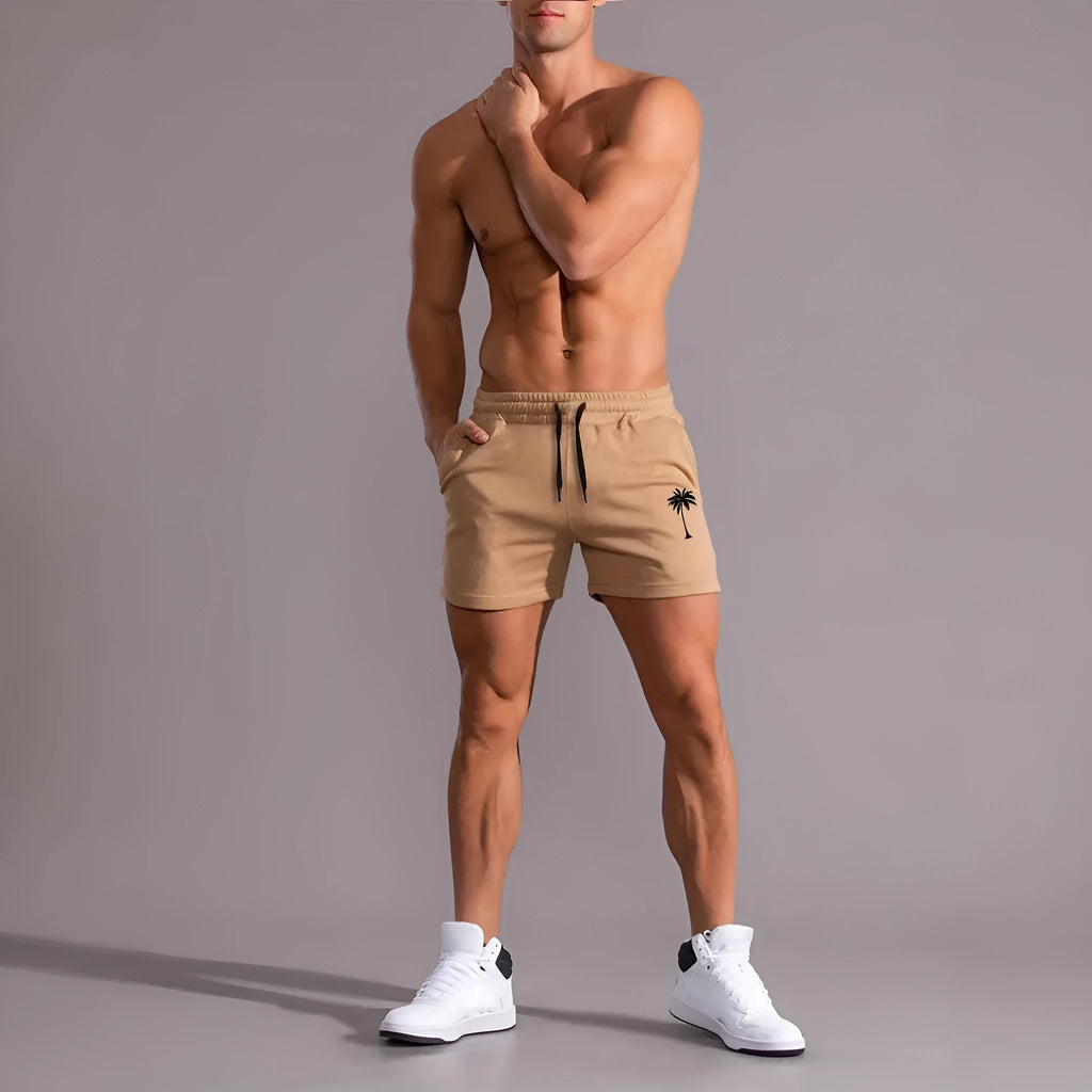 Men's khaki coconut print sports shorts with straight cut design and micro elastic fabric