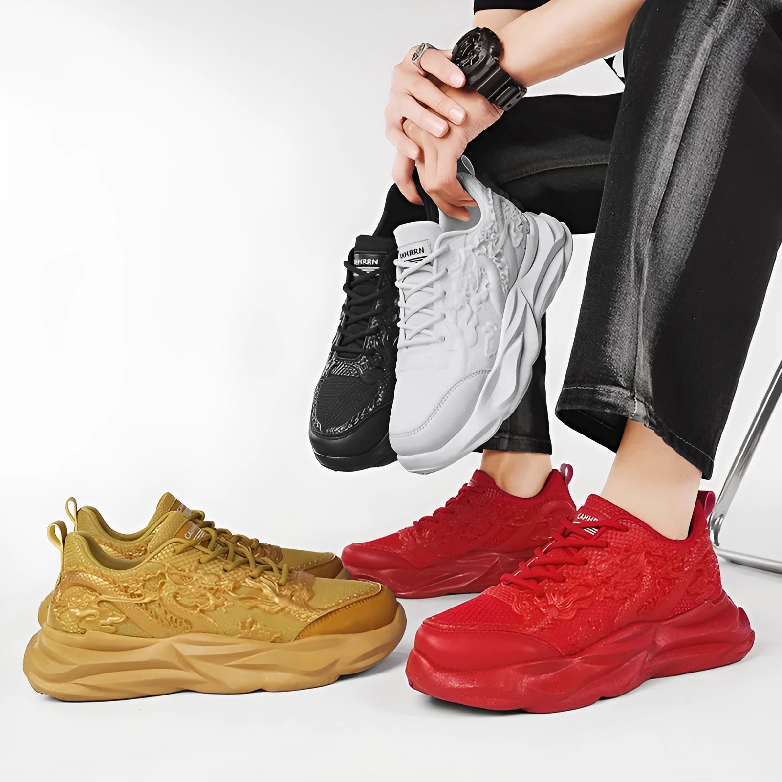 Casual fly knit sneakers with breathable upper and dragon design colour options