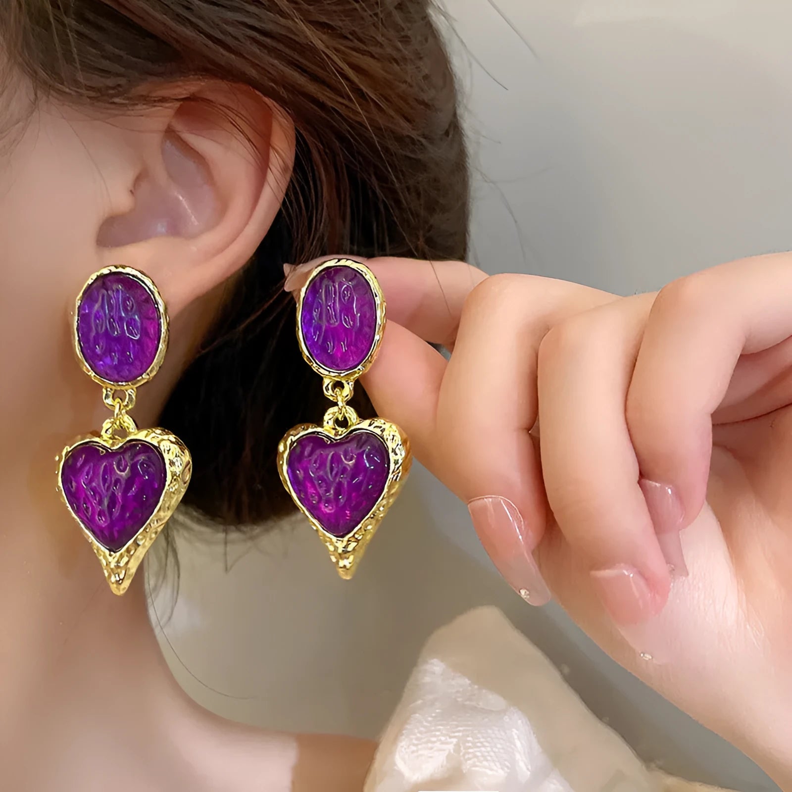 Silver needle pleated oval love heart stud earrings in purple, red, green, and yellow and white colours.