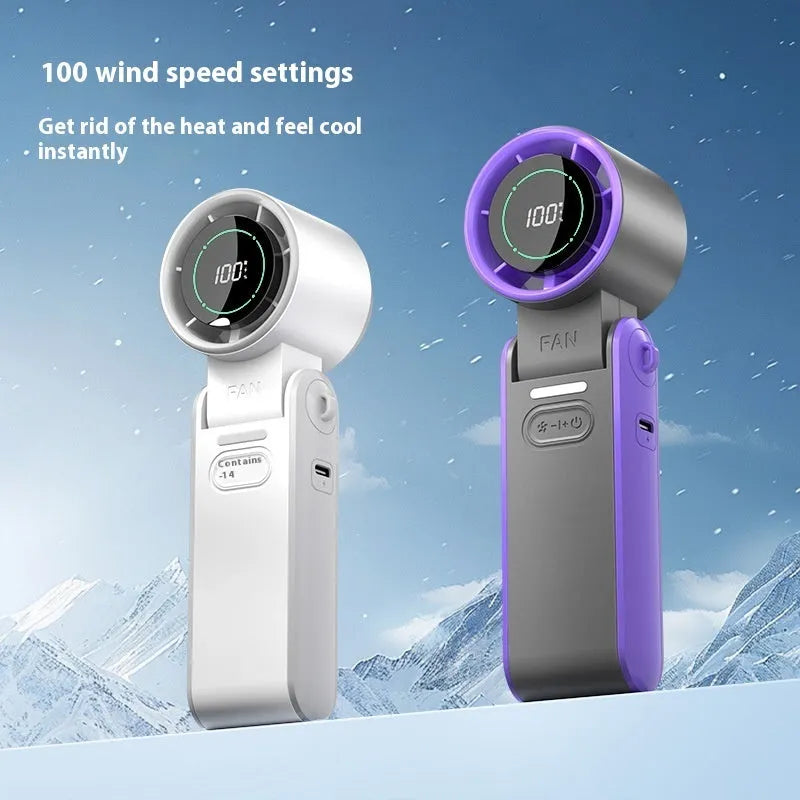 Small handheld fan with ice compress function, no blades, USB powered, compact foldable design in white.